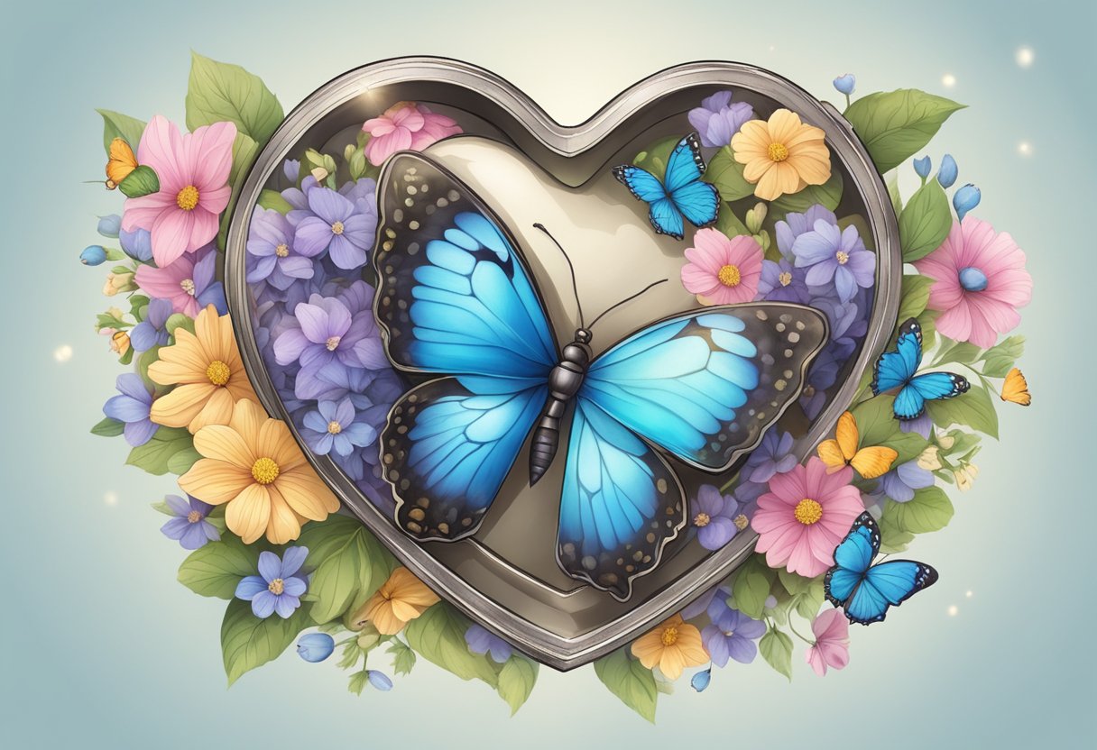 Et hjerteformet medaillon omgivet af blomstrende blomster og svævende sommerfugle