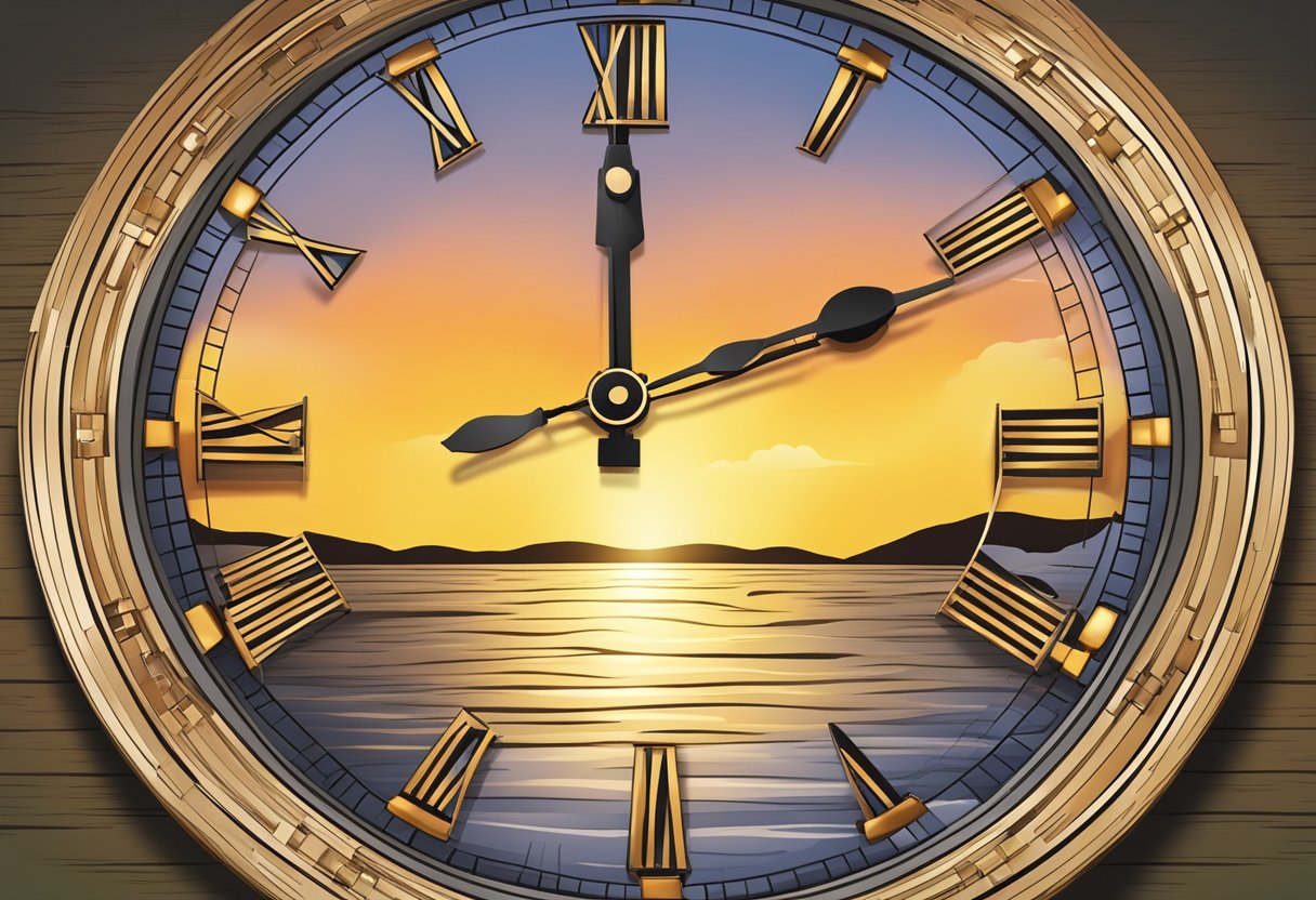 Et ur, der viser klokken 18:00 med solen, der går ned i baggrunden