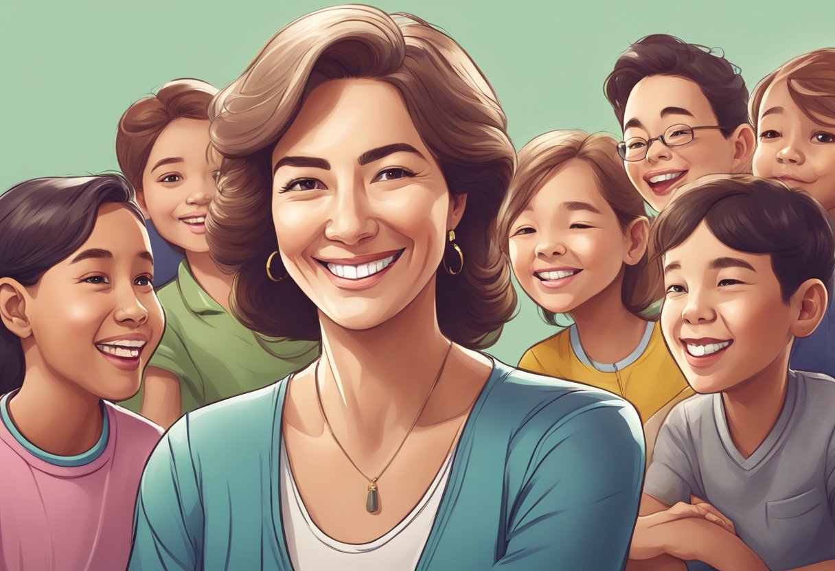 En selvsikker, moden kvinde med et legende smil, omgivet af yngre beundrere