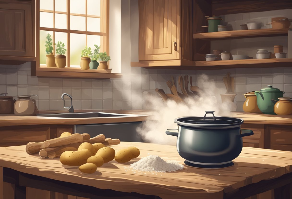 Et rustikt køkken med et træbord dækket af mel, kartofler og en kagerulle. En gryde med kogende vand damper på komfuret.