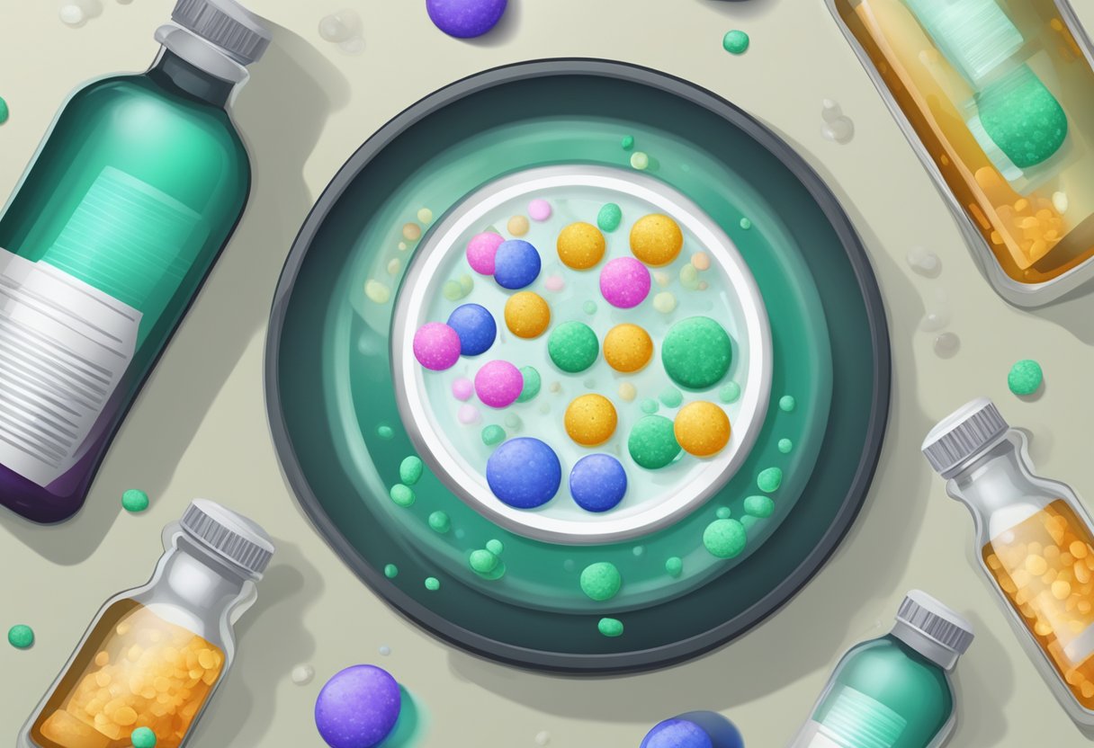 En petriskål med forskellige typer bakterier og en flaske antibiotika ved siden af