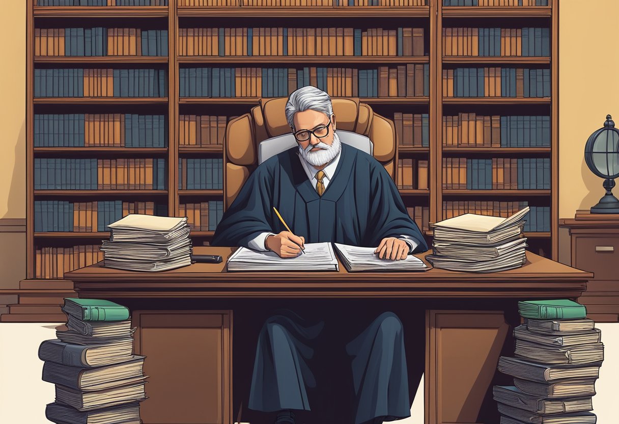 En jurist, der sidder ved et skrivebord, omgivet af lovbøger og juridiske dokumenter, dybt i tanker