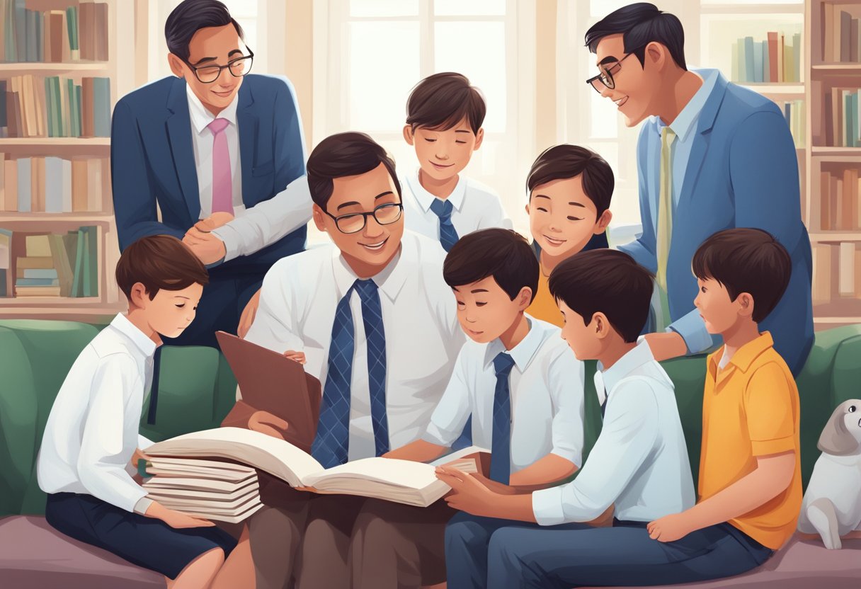 En familie samles omkring en bog, mens en figur i en hvid skjorte og slips taler til dem