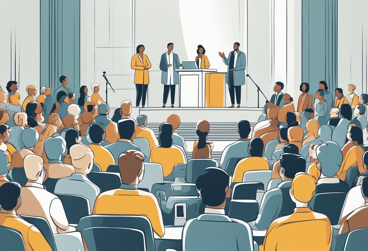 Et podium med en mikrofon omgivet af et forskelligt publikum. Talere engageret i livlig diskussion, gestikulerende og udtrykkende forskellige synspunkter.