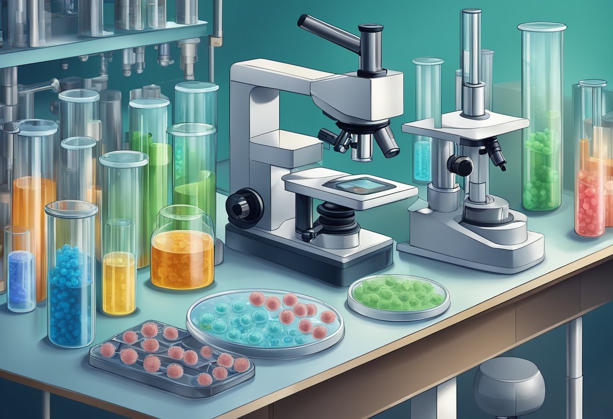 Et laboratorium med reagensglas, petriskåle og videnskabeligt udstyr, med fokus på et mikroskop og en prøve af celler