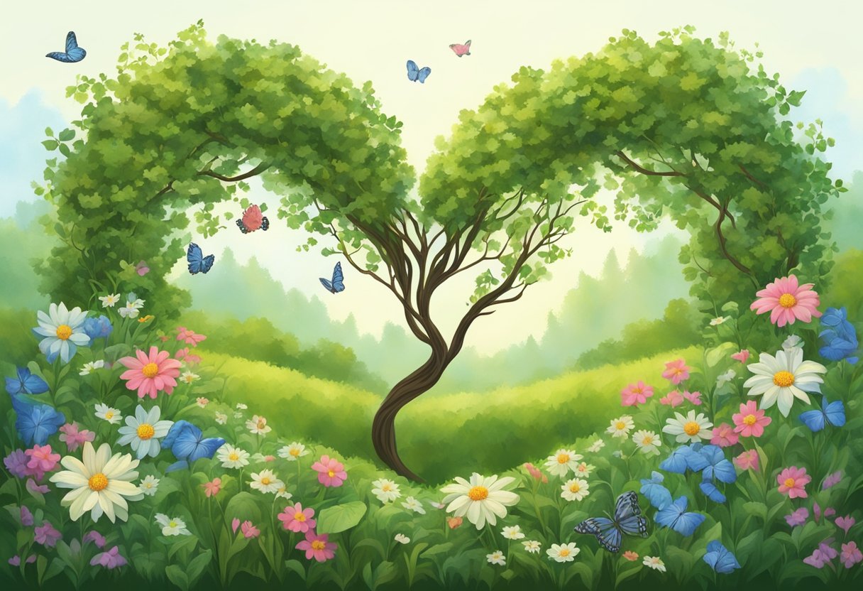 En fredfyldt skovlysning med to sammenflettede vinstokke, der danner en hjerteform, omgivet af blomstrende vilde blomster og svævende sommerfugle