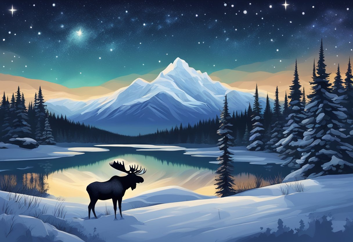Et landskab med et ahorntræ, en elg og et sneklædt bjerg under en stjerneklar nattehimmel i Canada