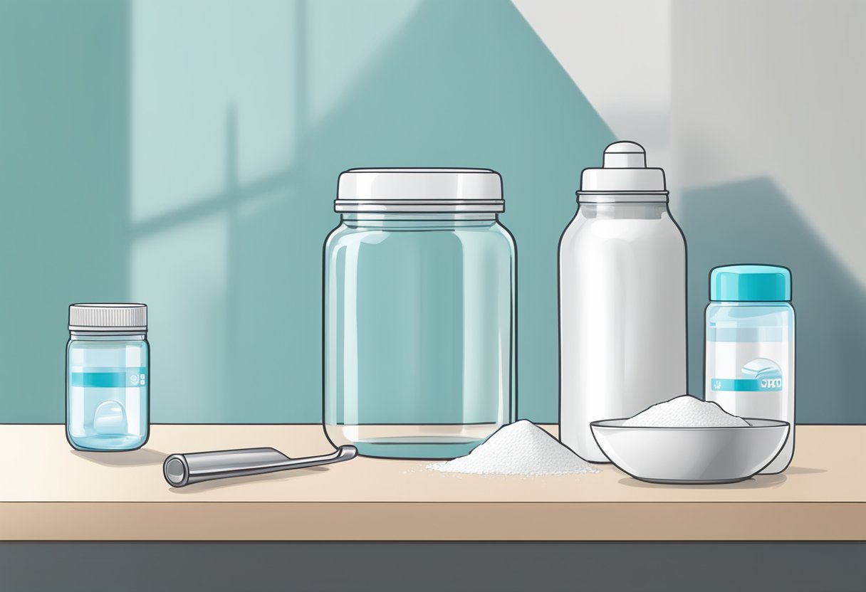 Et glas kreatinpulver står ved siden af en ske på en ren, hvid bordplade. Et glas vand og en shakerflaske er i nærheden.