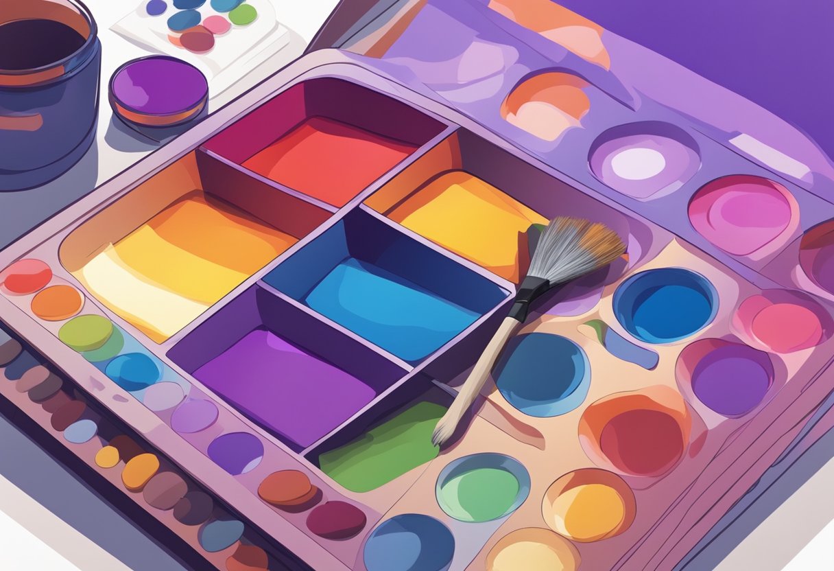 En palette med rød og blå maling, der blandes for at skabe farven lilla, omgivet af farveteori-referencematerialer