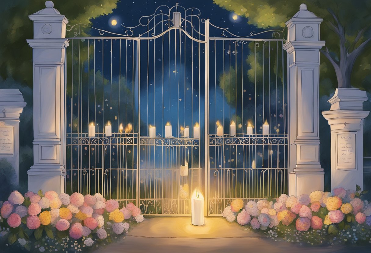 En lysvigilie med stearinlys udenfor Graceland på årsdagen for Elvis Presleys død. Blomster, bamser og håndskrevne noter dækker portene.