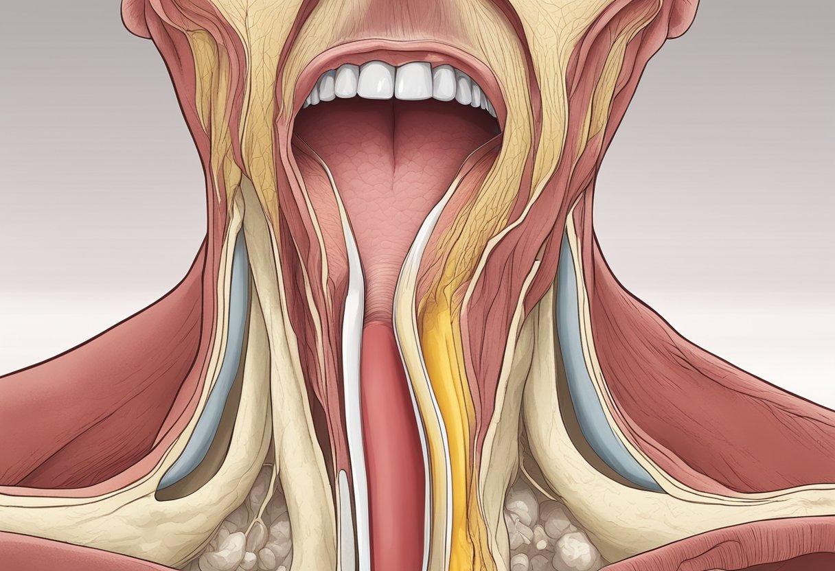 En rød, betændt hals med hævede mandler og synlige hvide eller gule pletter. Vanskeligheder med at synke og feber kan også være til stede.