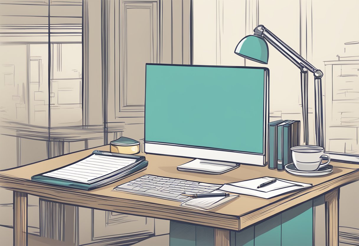 Et skrivebord med en pen, papir og en computer. Et dokument bliver skrevet med en formel tone.