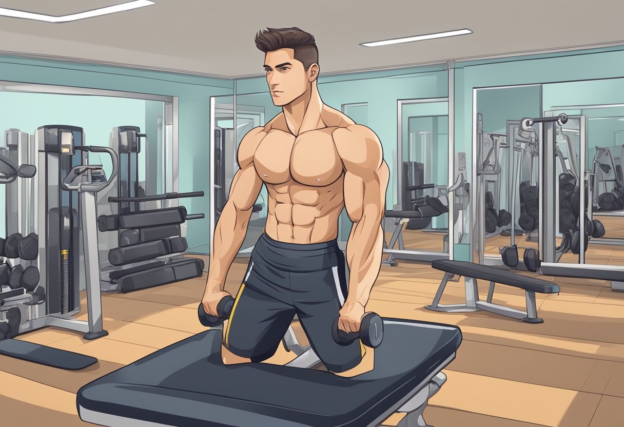 En person, der laver maveøvelser i et fitnesscenter, omgivet af fitnessudstyr og spejle, med et beslutsomt udtryk i ansigtet.