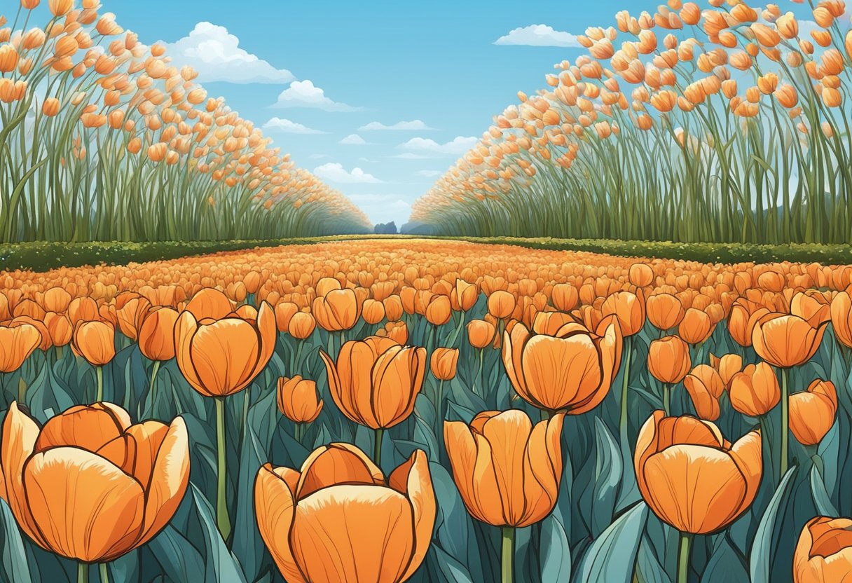 Et felt af orange tulipaner, der blomstrer under en klar blå himmel i Holland