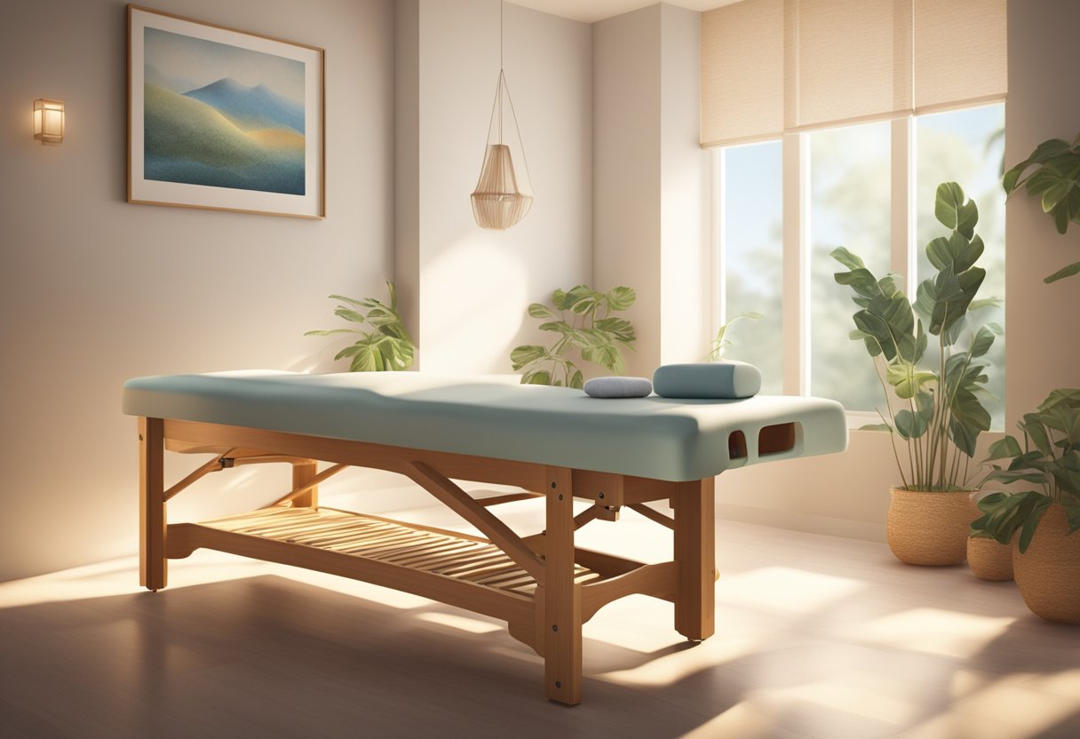En person, der modtager osteopatisk behandling på en massagebriks i et roligt, fredfyldt miljø med blødt lys og naturlige elementer
