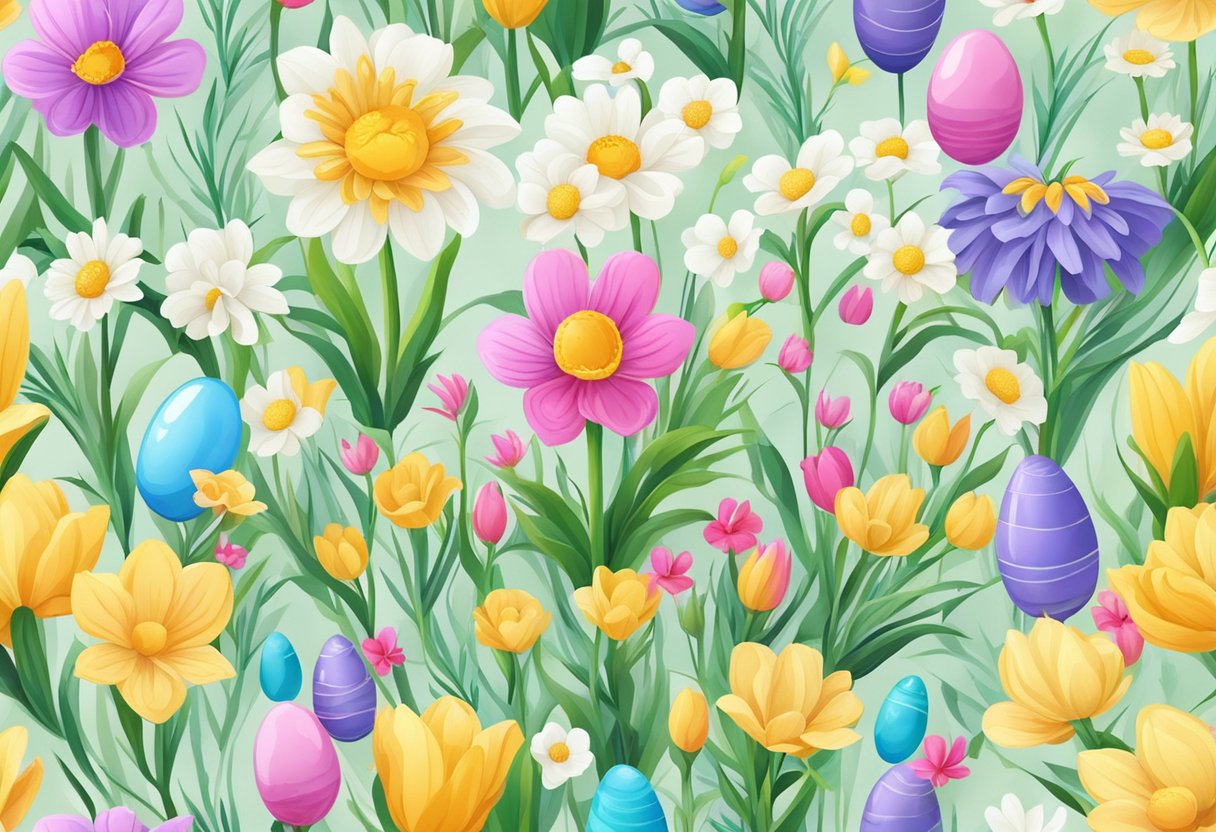 En livlig påskeblomst omgivet af symboler på forår og nyt liv