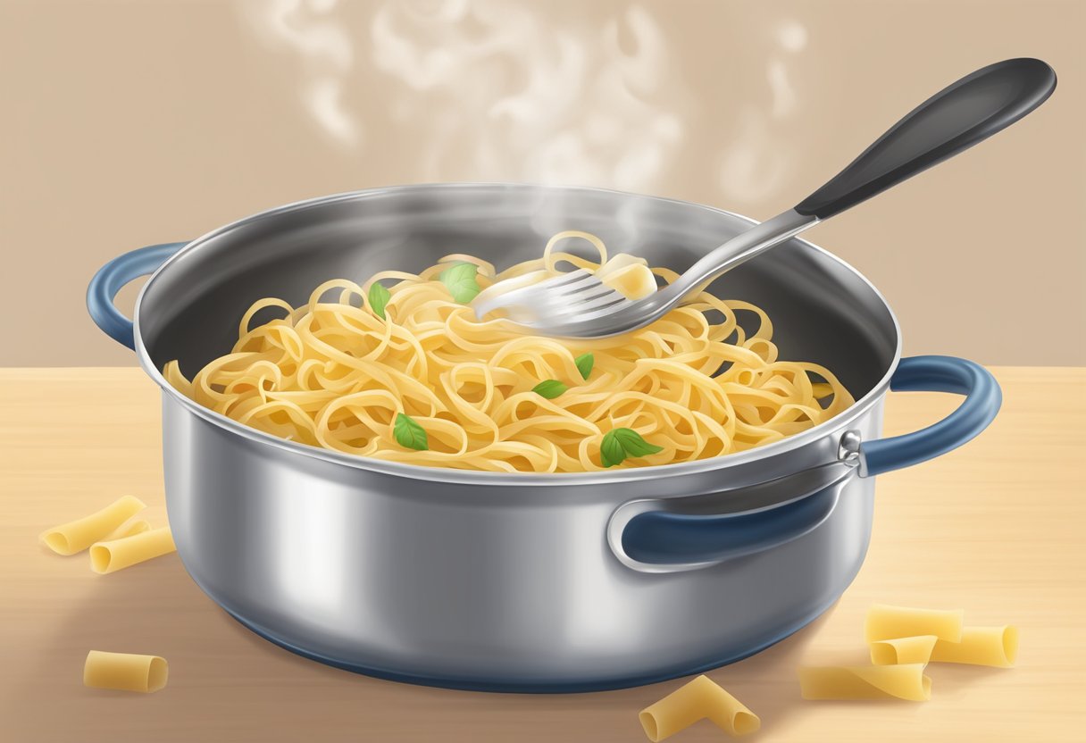 En gryde med kogende vand med pasta indeni, en ske der rører i pastaen
