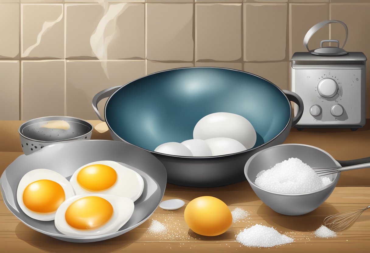 En skål med knækkede æg står ved siden af en piskeris og en lille skål med salt og peber. En pande med smeltet smør er på komfuret.