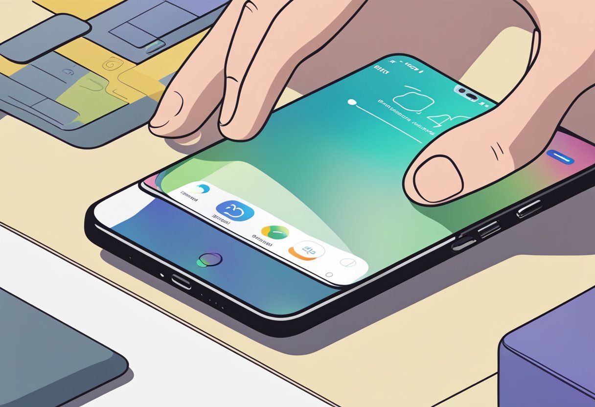 En person, der placerer sin iPhone på en flad overflade, med fingeren svævende over nulstillingsknappen