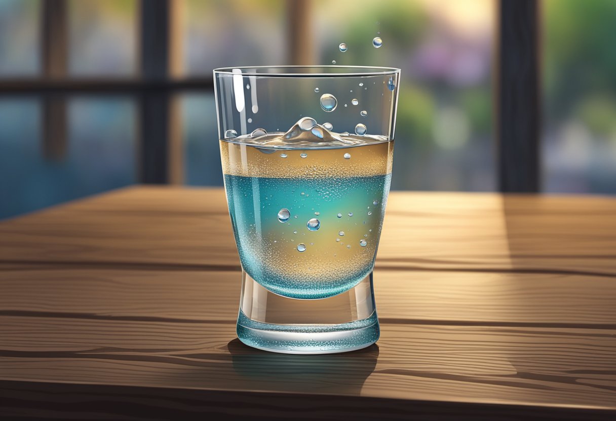 Et klart glas fyldt med vand står på et træbord, omgivet af kondensdråber.