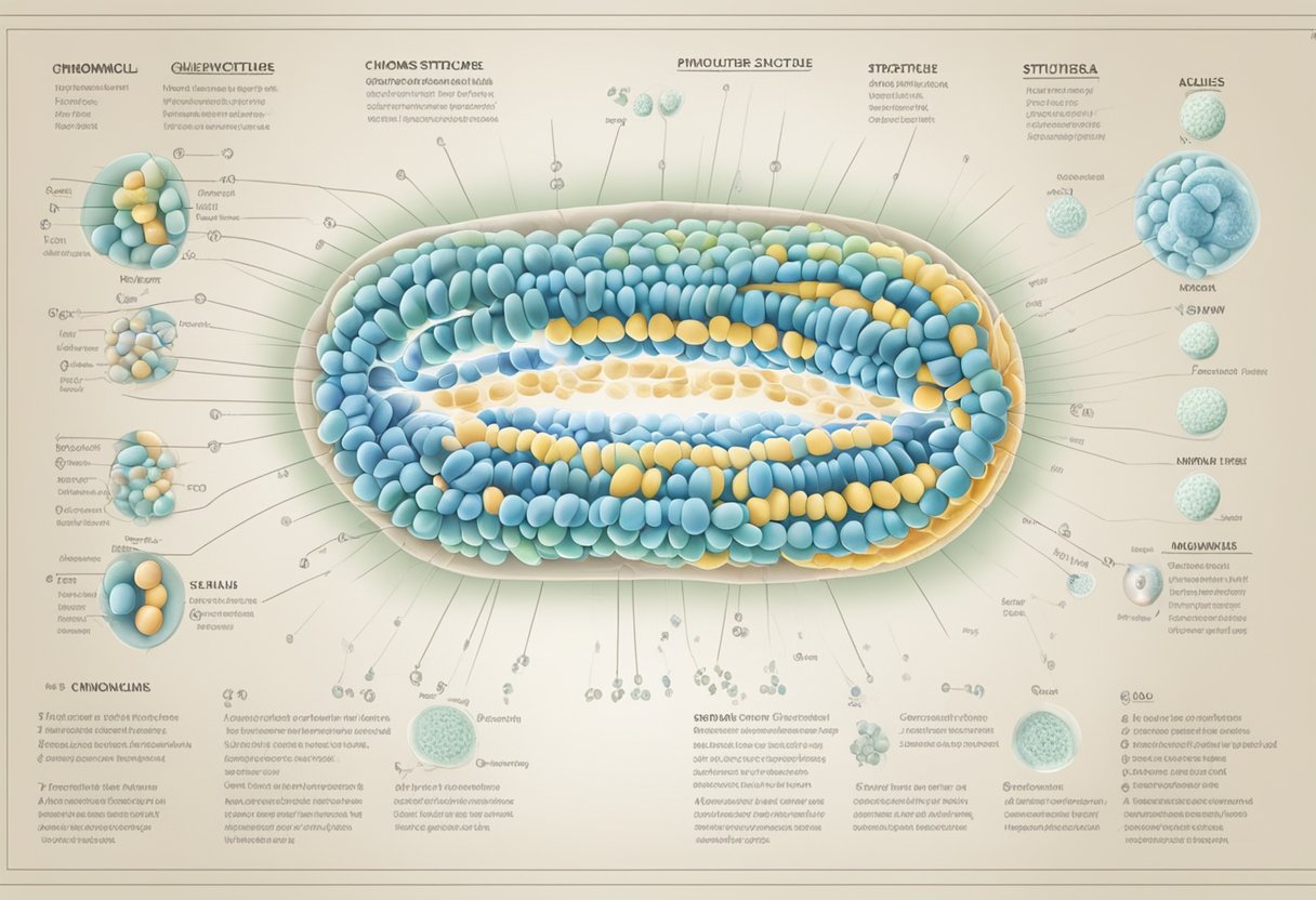 En videnskabelig illustration af kromosomer, der viser de parrede strukturer inden i en cellekerne, med klar mærkning og nøjagtig repræsentation af deres antal og struktur