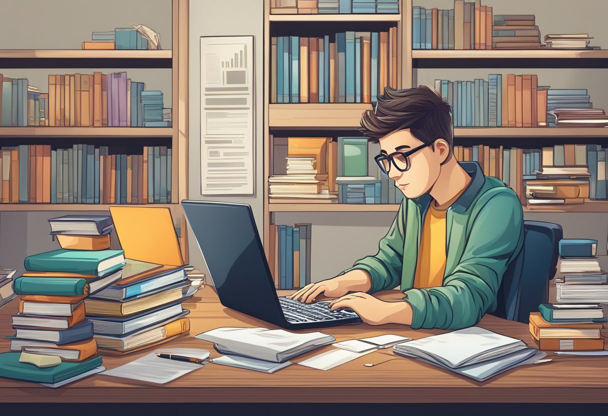 En studerende, der studerer ved et skrivebord med en bærbar computer, omgivet af bøger og papirer, mens de tjekker deres kontoudtog og beregner deres ekstra indkomst.