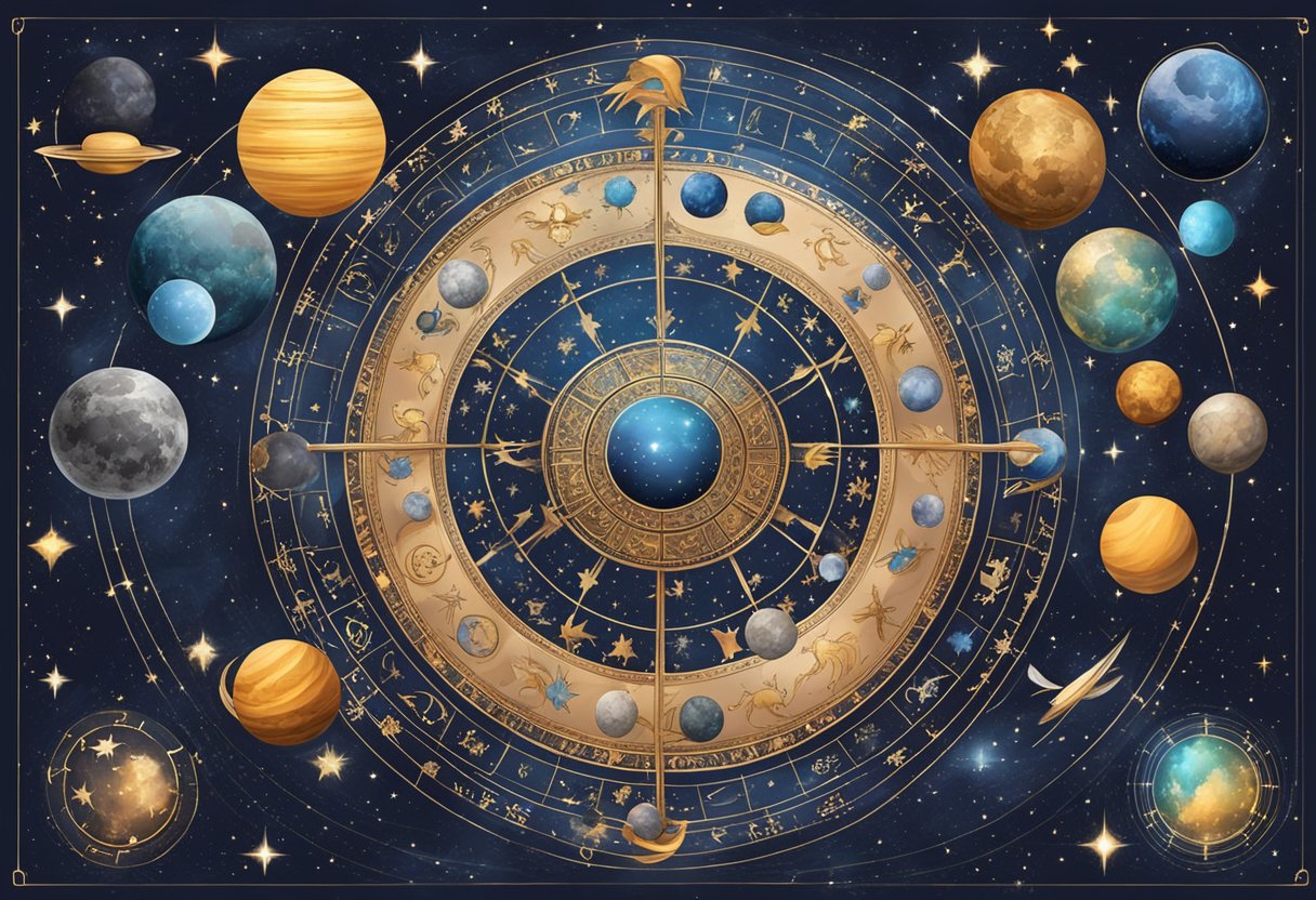 To stjernetegn, repræsenteret ved deres symboler, omgivet af himmelske elementer som stjerner, måner og planeter