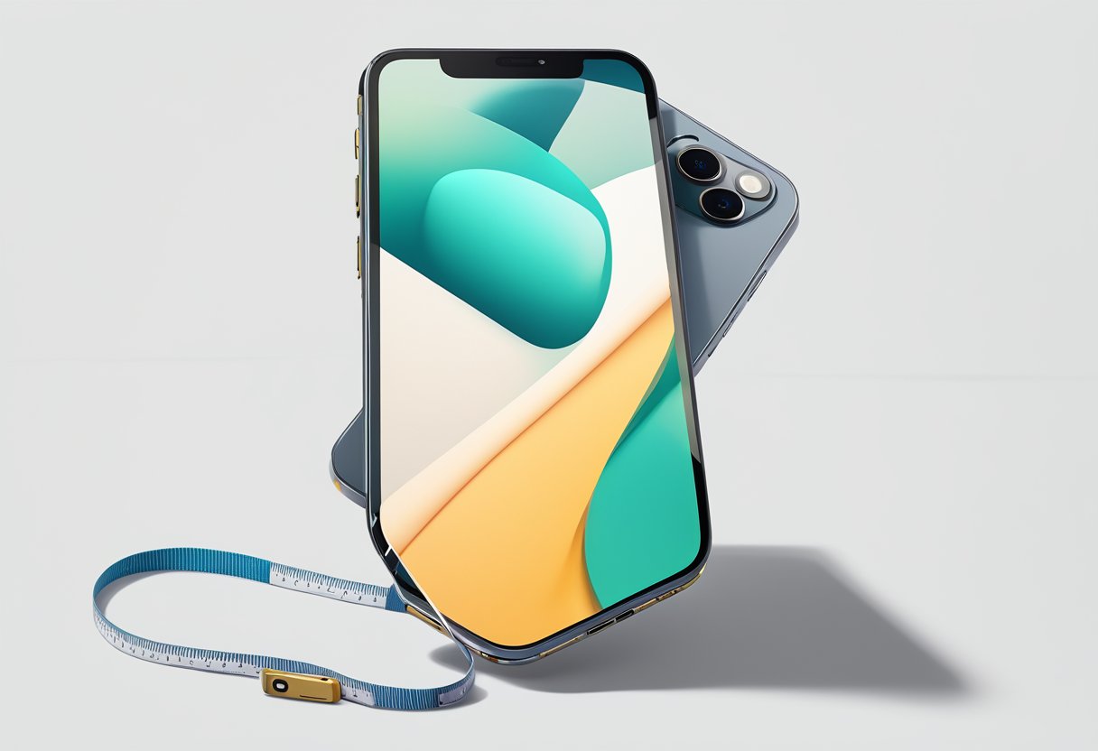 En iPhone 12 ligger på en hvid overflade, omgivet af et målebånd for at vise dens længde