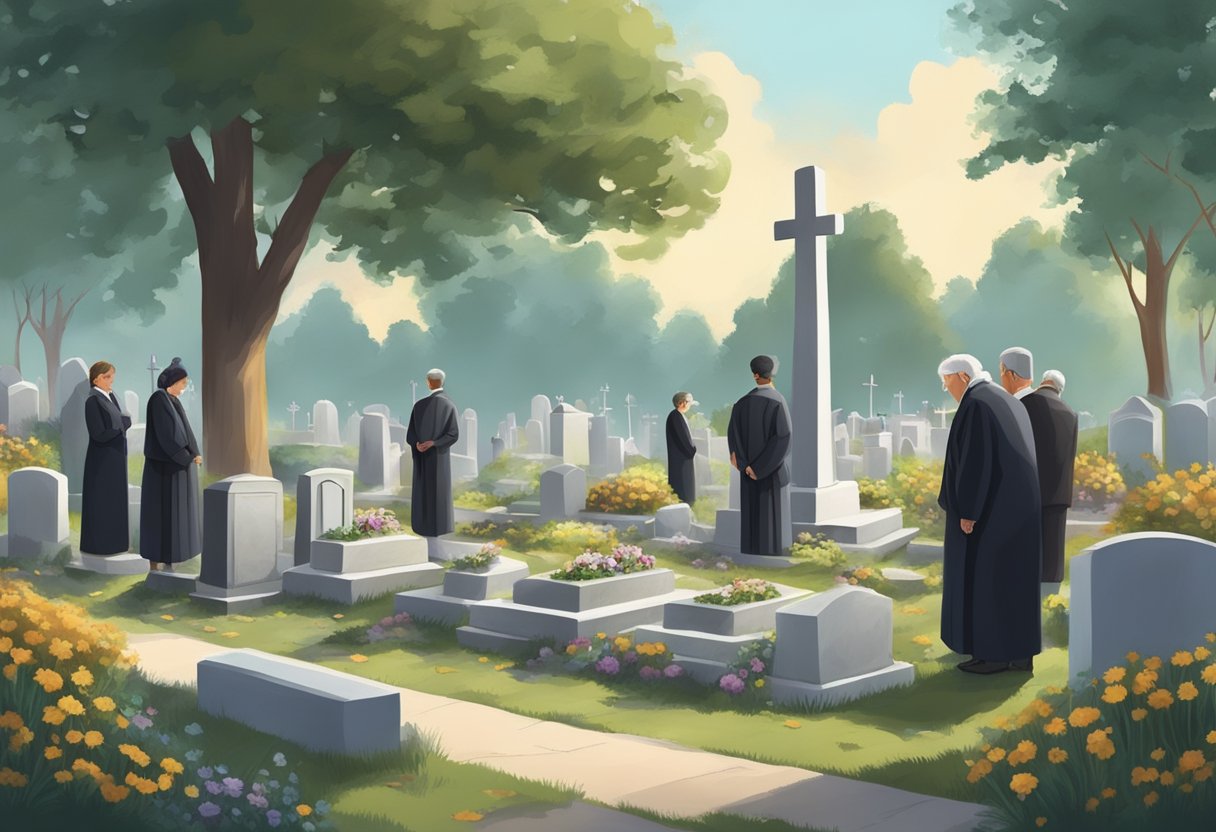 En fredfyldt kirkegård med en nygravet grav omgivet af sørgende og en præst, der forbereder en begravelsestjeneste