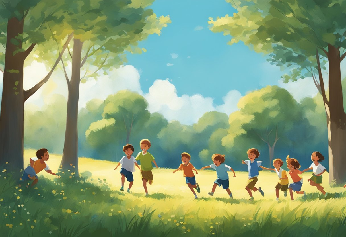 En gruppe børn, der leger glade i et solrigt, åbent felt, omgivet af høje træer og en klar blå himmel, som symboliserer det historiske skifte mod at beskytte børns rettigheder og forbyde fysisk afstraffelse.