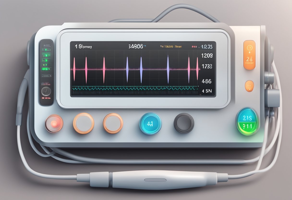 Et pulsmåler, der viser en høj puls, og en blodtryksmaskine med forhøjede målinger, som understreger vigtigheden af at overvåge disse vitale tegn for sundheden.